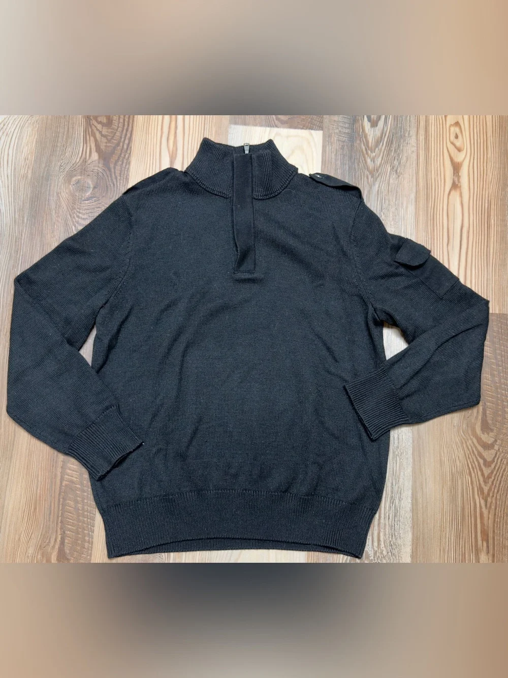 Banana Republic Men Large Italian Yarn Half Zip Tactical Military Sweater Black